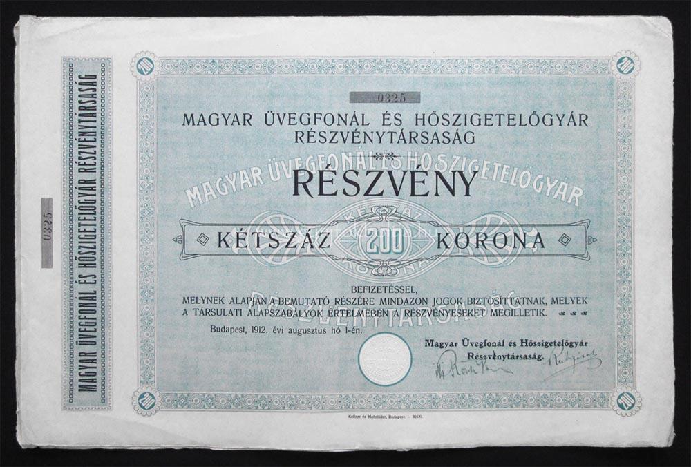 Magyar vegfonl s Hszigetelgyr rszvny 200 korona 1912